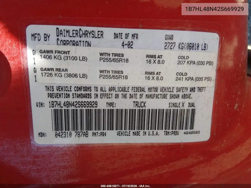 2002 Dodge Dakota Slt VIN: 1B7HL48N42S669929 Lot: 45615071