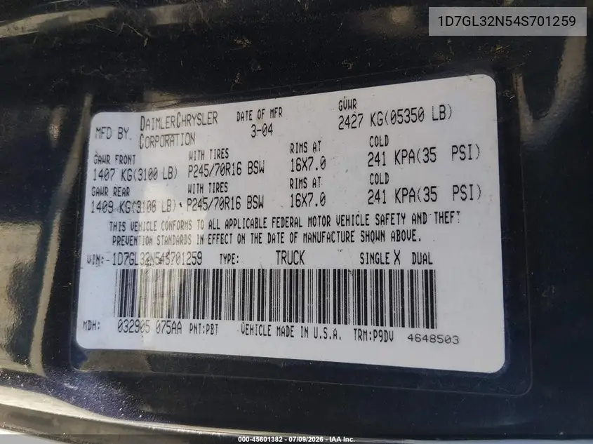 2004 Dodge Dakota Sport VIN: 1D7GL32N54S701259 Lot: 45601382