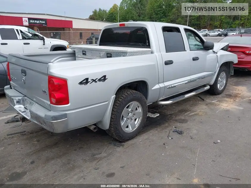 2005 Dodge Dakota Laramie VIN: 1D7HW58N15S194196 Lot: 45386098