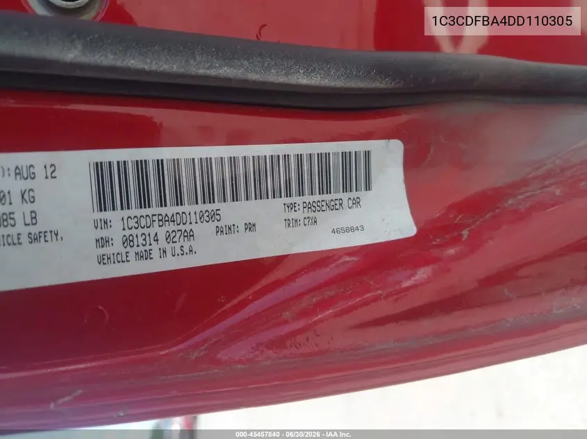 2013 Dodge Dart Rallye VIN: 1C3CDFBA4DD110305 Lot: 45457840