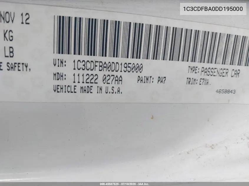 2013 Dodge Dart Sxt VIN: 1C3CDFBA0DD195000 Lot: 45587525
