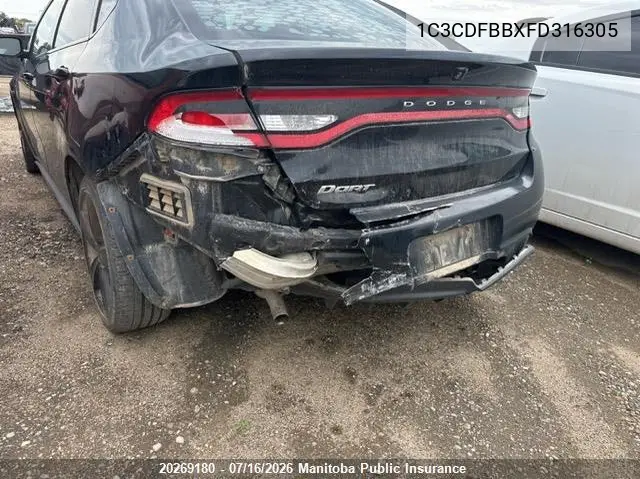 2015 Dodge Dart Sxt VIN: 1C3CDFBBXFD316305 Lot: 20269180