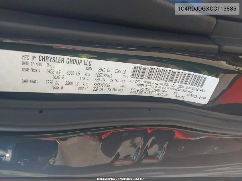 2012 Dodge Durango Crew VIN: 1C4RDJDGXCC113885 Lot: 45682157