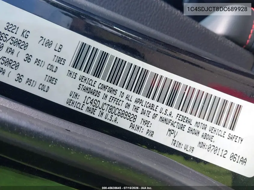 2013 Dodge Durango R/T VIN: 1C4SDJCT8DC689928 Lot: 45638645