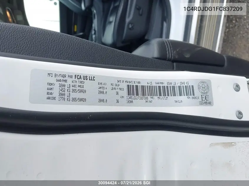 2015 Dodge Durango Limited VIN: 1C4RDJDG1FC837209 Lot: 30094424