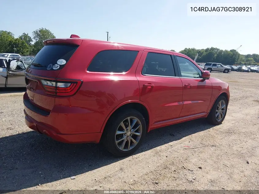 2016 Dodge Durango Sxt VIN: 1C4RDJAG7GC308921 Lot: 45662490