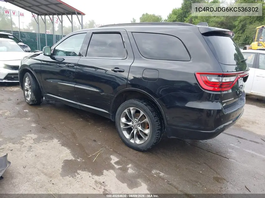 2019 Dodge Durango Gt Plus Awd VIN: 1C4RDJDG6KC536302 Lot: 45284630