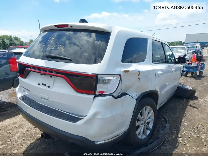 2019 Dodge Durango Sxt Awd VIN: 1C4RDJAG8KC605365 Lot: 45412243