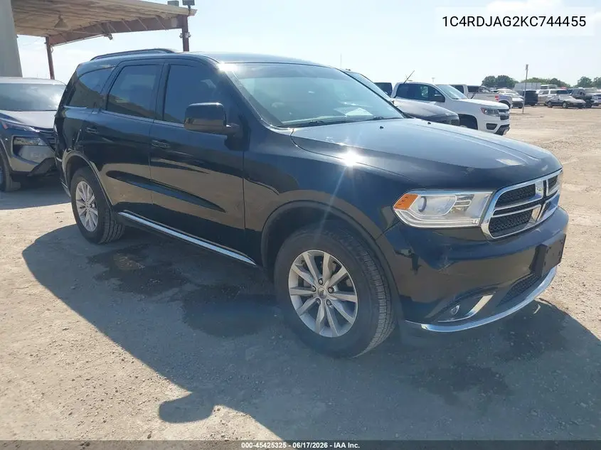 2019 Dodge Durango Sxt Awd VIN: 1C4RDJAG2KC744455 Lot: 45425325