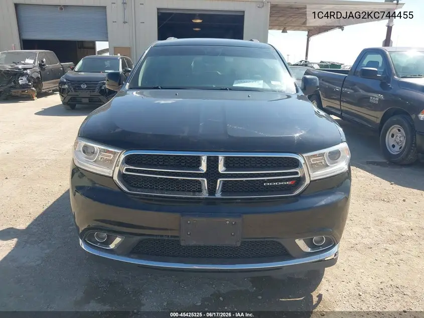 2019 Dodge Durango Sxt Awd VIN: 1C4RDJAG2KC744455 Lot: 45425325