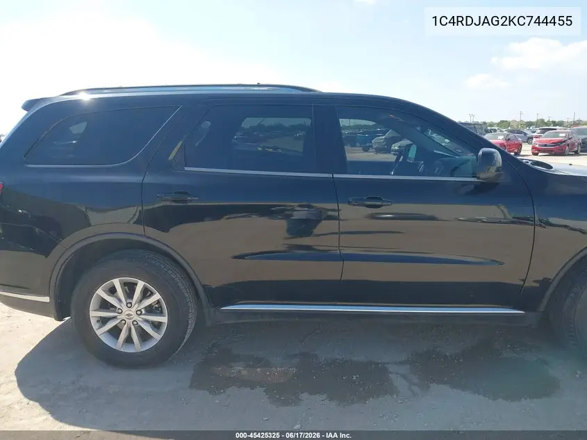 2019 Dodge Durango Sxt Awd VIN: 1C4RDJAG2KC744455 Lot: 45425325