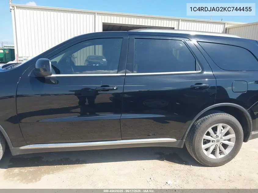 2019 Dodge Durango Sxt Awd VIN: 1C4RDJAG2KC744455 Lot: 45425325