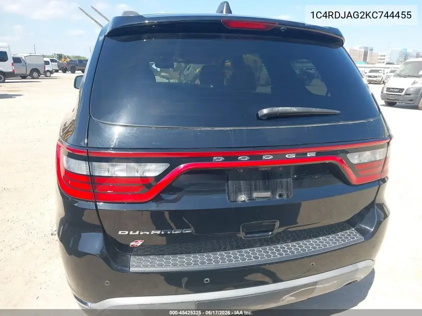 2019 Dodge Durango Sxt Awd VIN: 1C4RDJAG2KC744455 Lot: 45425325