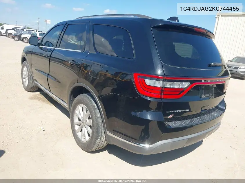2019 Dodge Durango Sxt Awd VIN: 1C4RDJAG2KC744455 Lot: 45425325