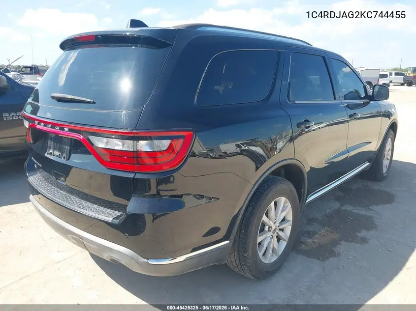 2019 Dodge Durango Sxt Awd VIN: 1C4RDJAG2KC744455 Lot: 45425325