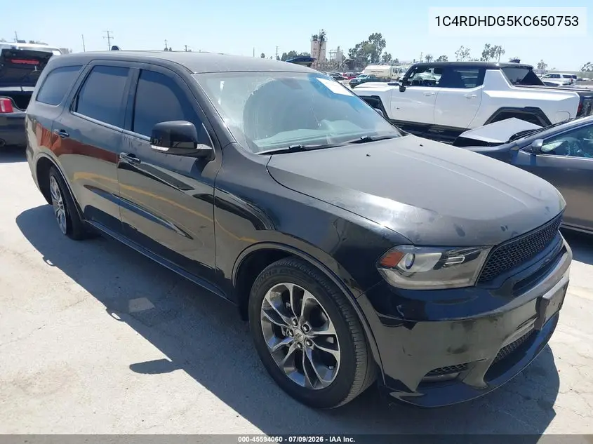 2019 Dodge Durango Gt Plus Rwd VIN: 1C4RDHDG5KC650753 Lot: 45594060