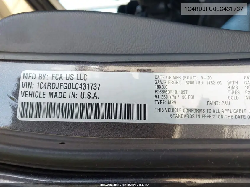 2020 Dodge Durango Pursuit Awd VIN: 1C4RDJFG0LC431737 Lot: 45343030
