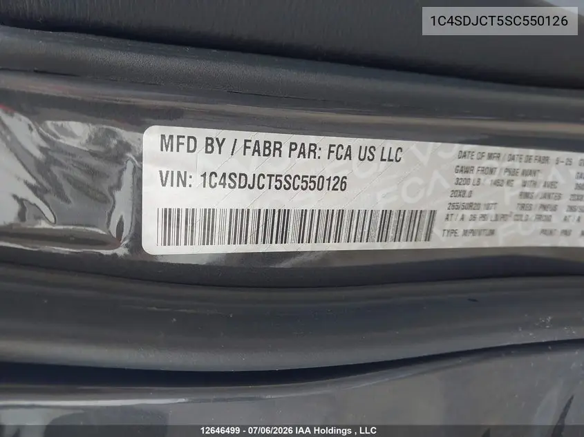 2025 Dodge Durango R/T VIN: 1C4SDJCT5SC550126 Lot: 12646499