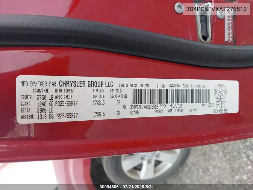 2010 Dodge Journey Sxt VIN: 3D4PG5FVXAT276512 Lot: 30094606
