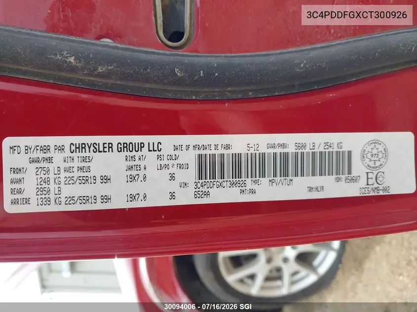 2012 Dodge Journey R/T VIN: 3C4PDDFGXCT300926 Lot: 30094006