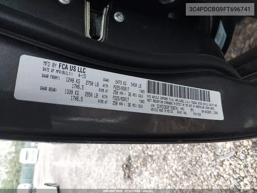 2015 Dodge Journey Sxt VIN: 3C4PDCBG9FT696741 Lot: 45573829