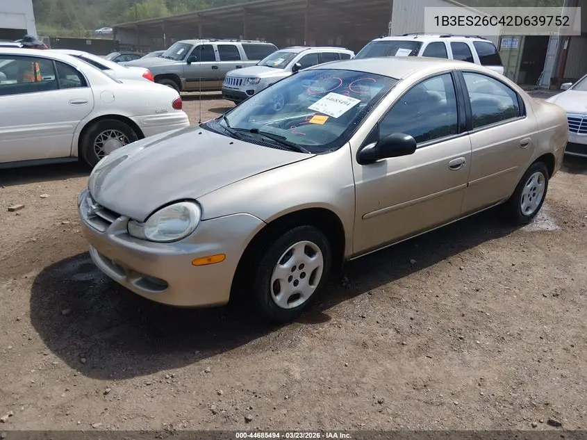 2002 Dodge Neon VIN: 1B3ES26C42D639752 Lot: 44685494