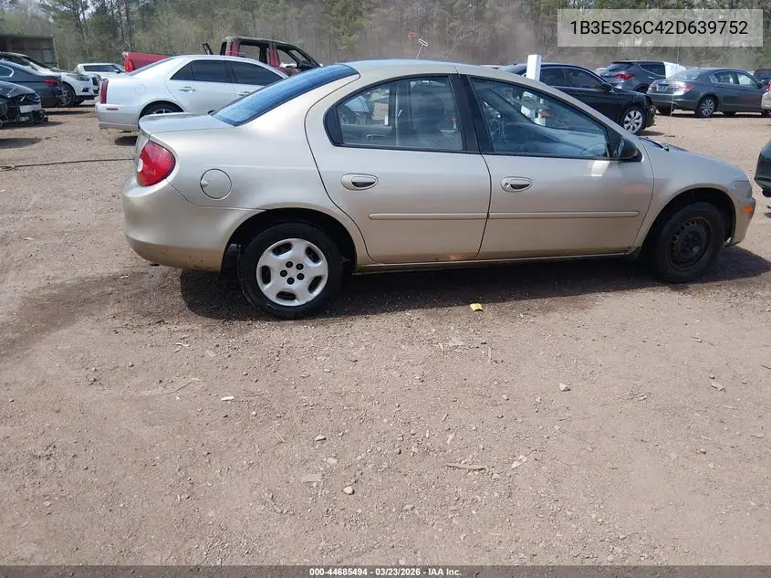 2002 Dodge Neon VIN: 1B3ES26C42D639752 Lot: 44685494