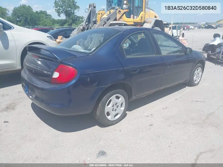 2002 Dodge Neon VIN: 1B3AS26C32D580840 Lot: 45149658