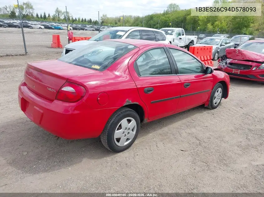 2004 Dodge Neon Se VIN: 1B3ES26C94D578093 Lot: 45049185