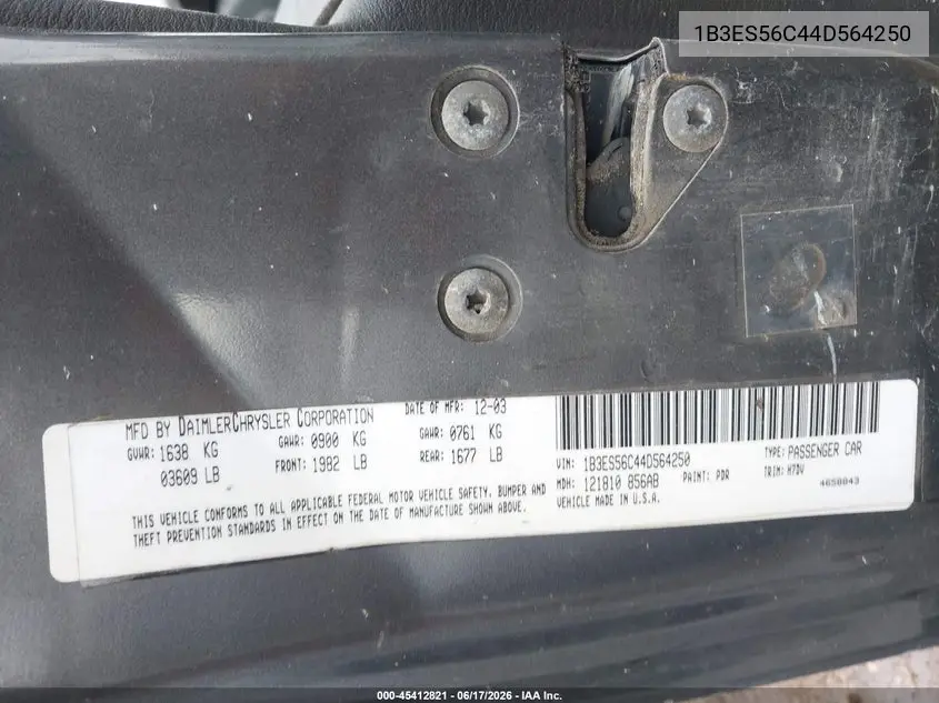 2004 Dodge Neon Sxt VIN: 1B3ES56C44D564250 Lot: 45412821