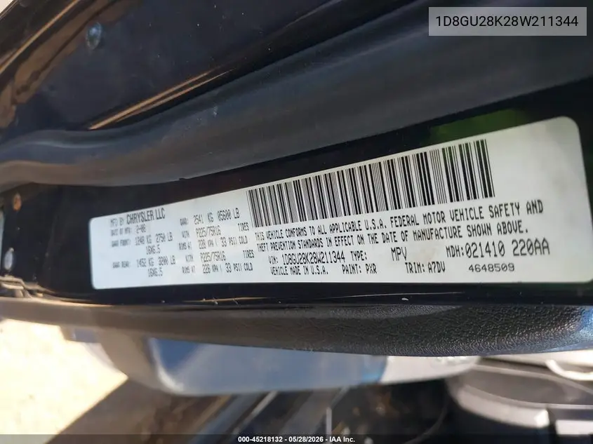 2008 Dodge Nitro Sxt VIN: 1D8GU28K28W211344 Lot: 45218132