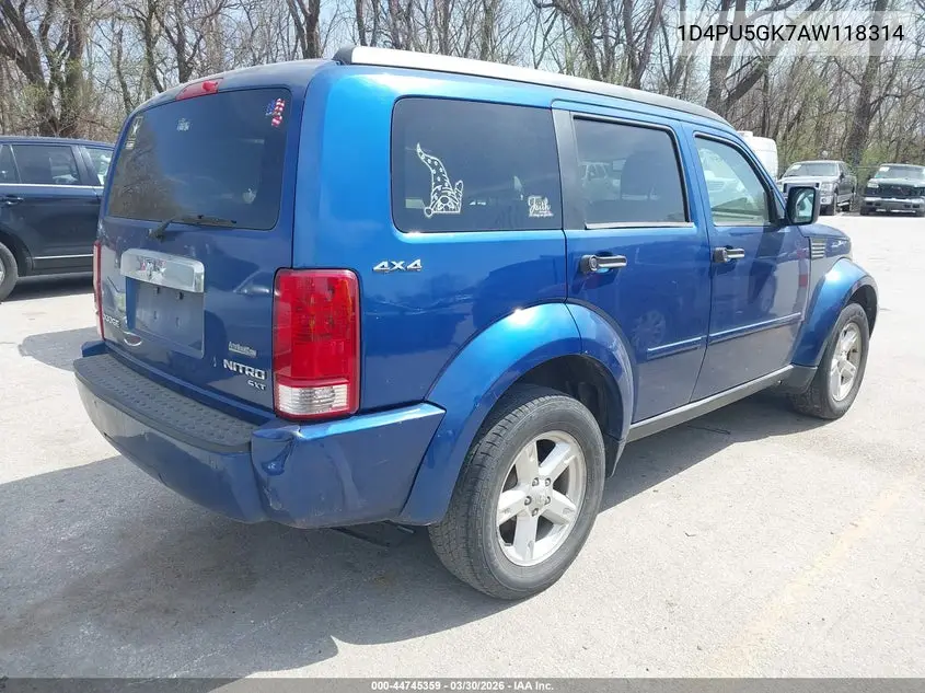 2010 Dodge Nitro Sxt VIN: 1D4PU5GK7AW118314 Lot: 44745359