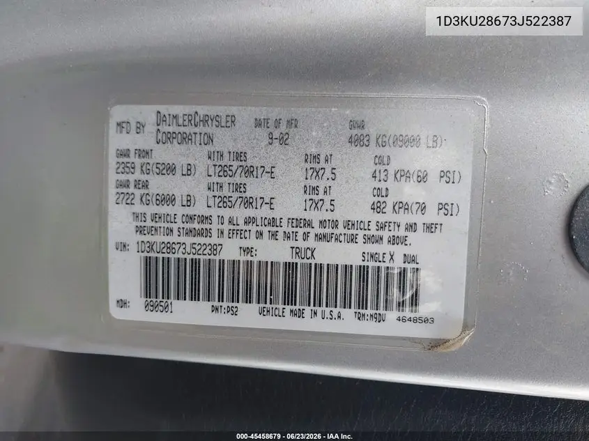 2003 Dodge Ram 2500 Slt/Laramie/St VIN: 1D3KU28673J522387 Lot: 45458679