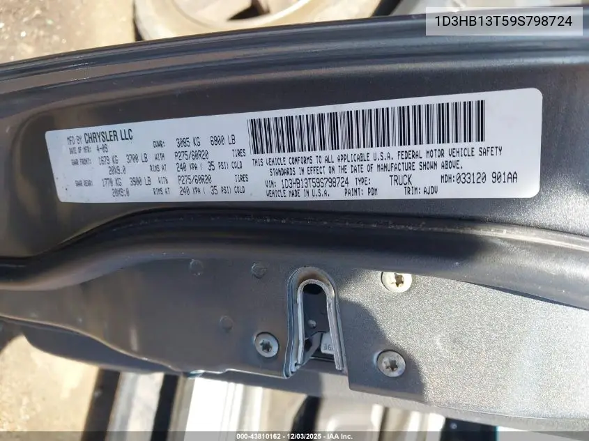 1D3HB13T59S798724 2009 Dodge Ram 1500 Slt/Sport/Trx