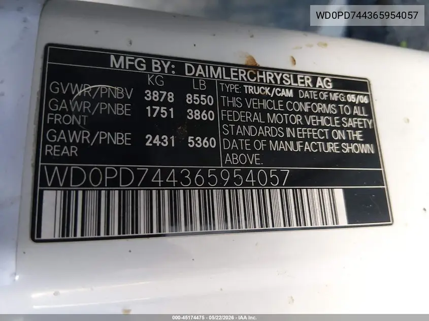 2006 Dodge Sprinter Van 2500 Shc VIN: WD0PD744365954057 Lot: 45174475