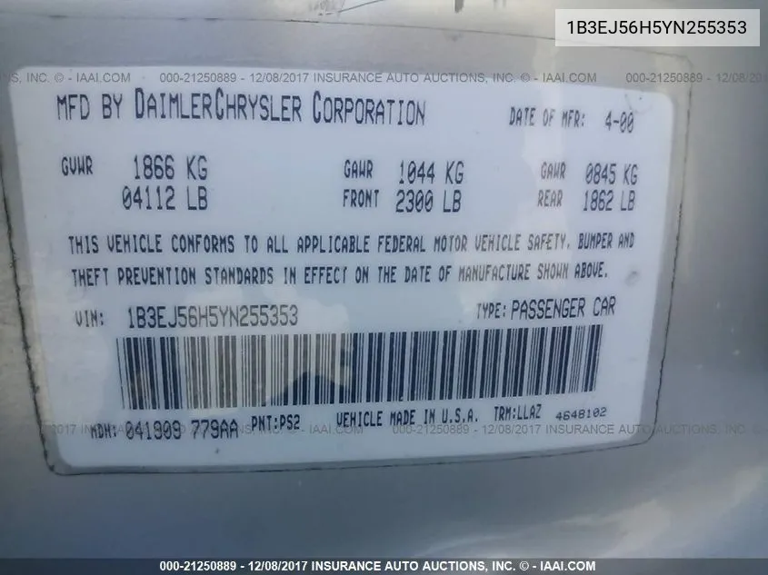 2000 Dodge Stratus Es VIN: 1B3EJ56H5YN255353 Lot: 21250889