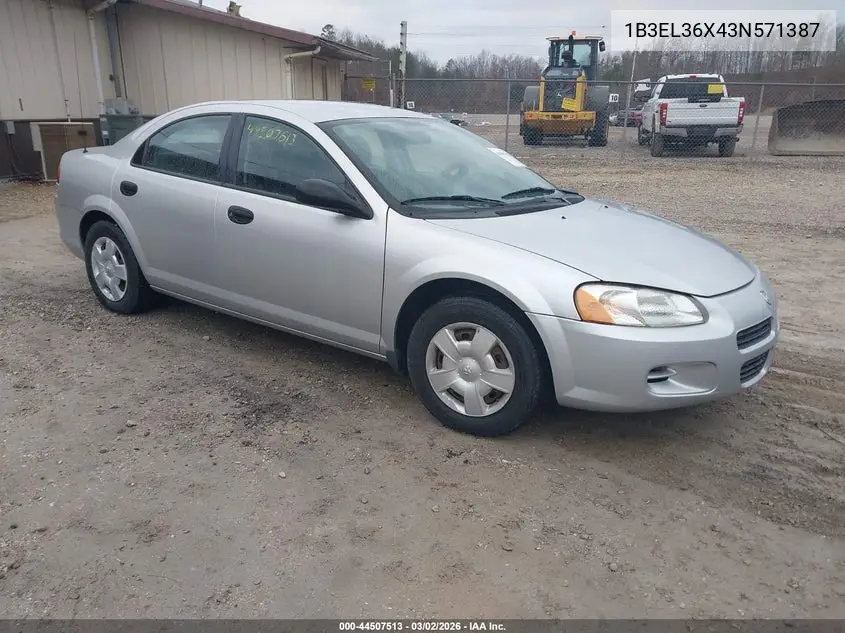 2003 Dodge Stratus Se VIN: 1B3EL36X43N571387 Lot: 44507513