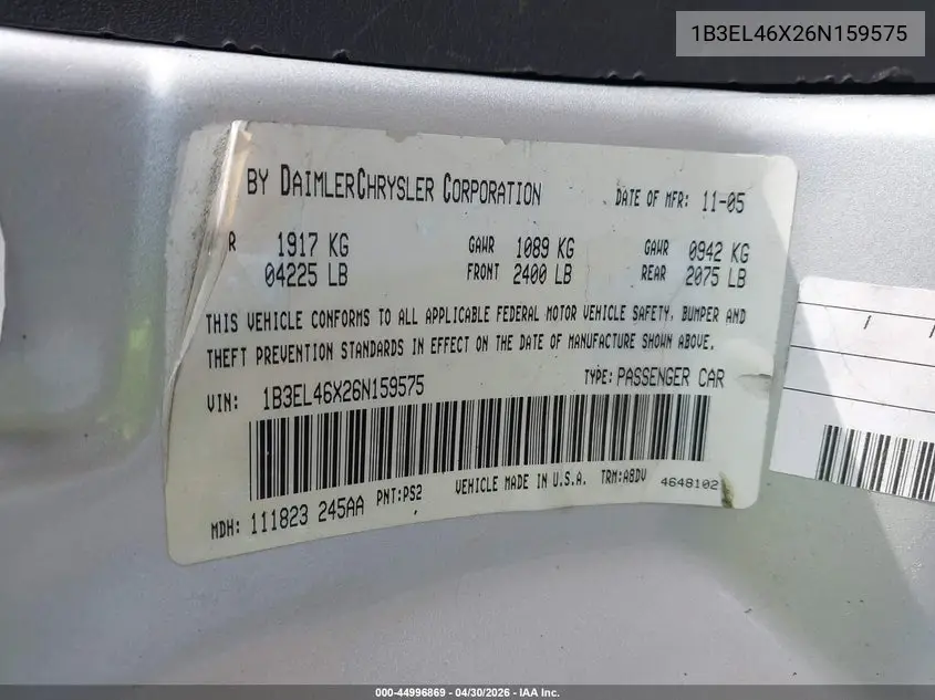 2006 Dodge Stratus Sxt VIN: 1B3EL46X26N159575 Lot: 44996869