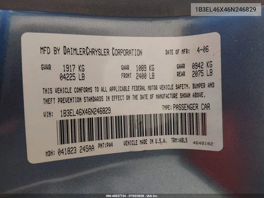 2006 Dodge Stratus Sxt VIN: 1B3EL46X46N246829 Lot: 45537724