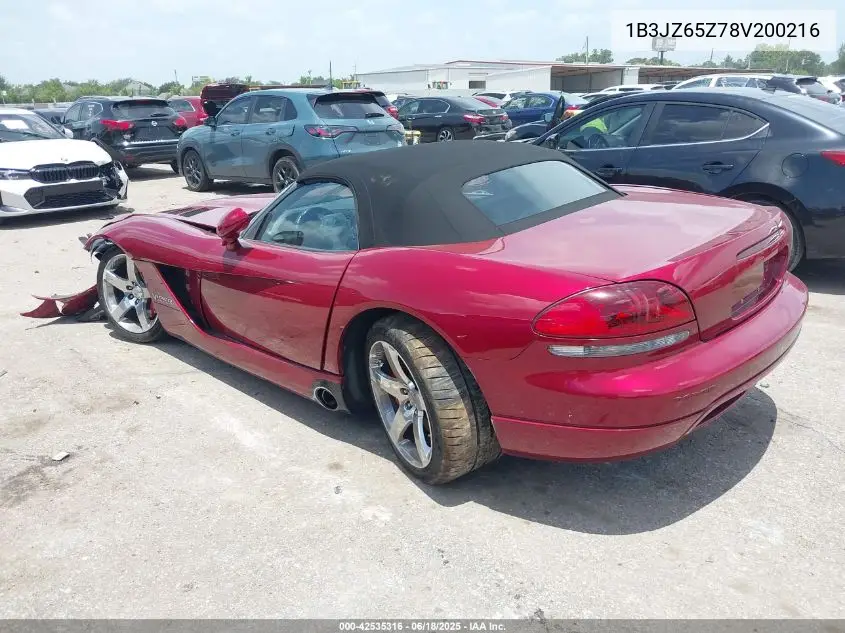 2008 Dodge Viper Srt10 VIN: 1B3JZ65Z78V200216 Lot: 42535316