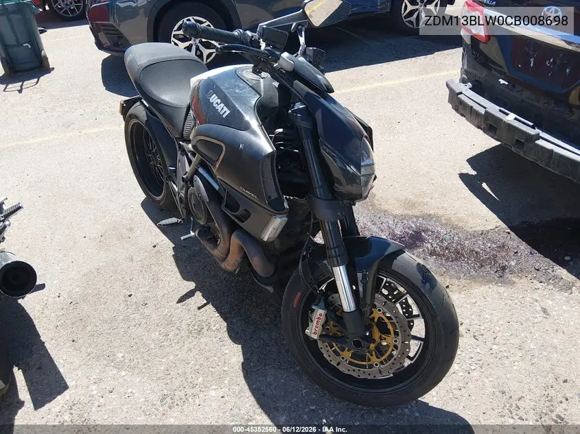 2012 Ducati Diavel VIN: ZDM13BLW0CB008698 Lot: 45352560