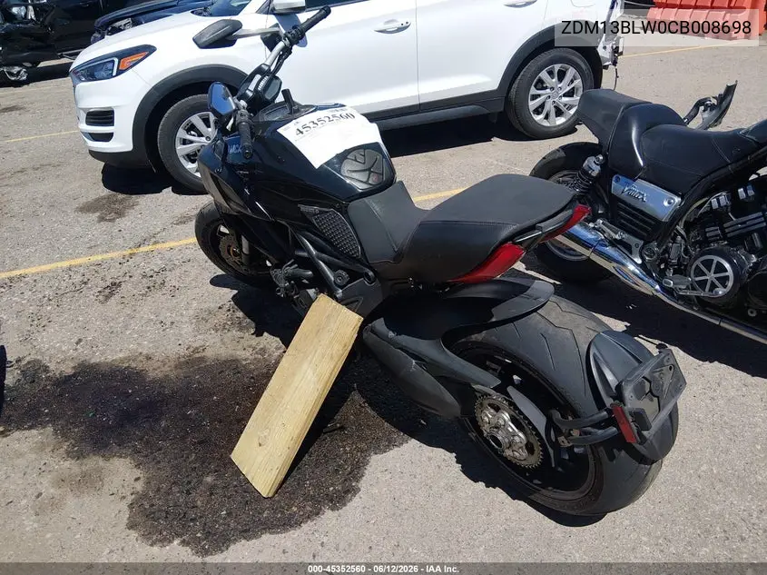 2012 Ducati Diavel VIN: ZDM13BLW0CB008698 Lot: 45352560