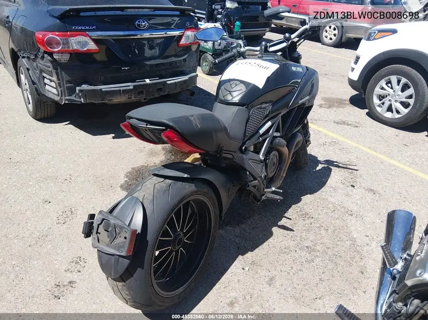 2012 Ducati Diavel VIN: ZDM13BLW0CB008698 Lot: 45352560