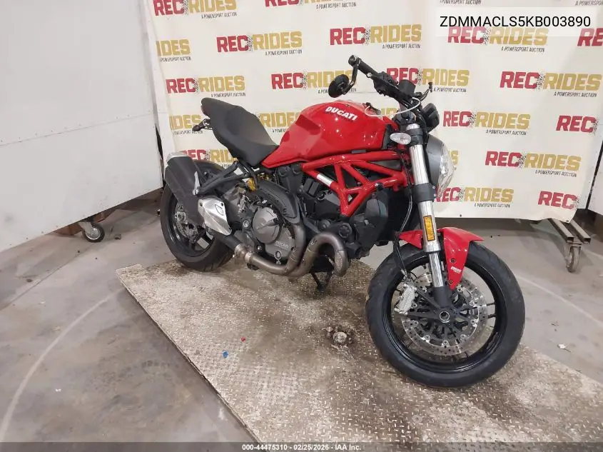 2019 Ducati Monster 821 VIN: ZDMMACLS5KB003890 Lot: 44475310