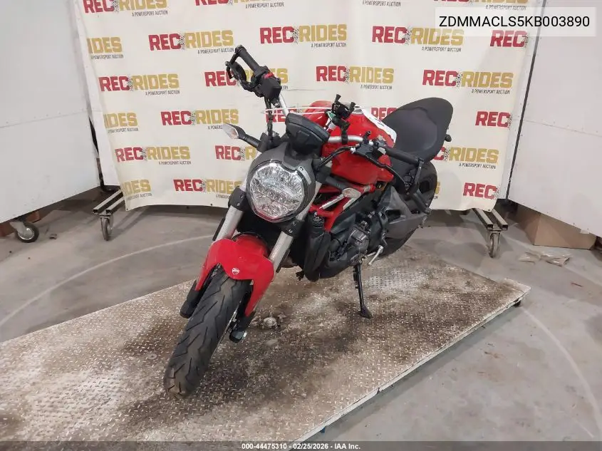 2019 Ducati Monster 821 VIN: ZDMMACLS5KB003890 Lot: 44475310