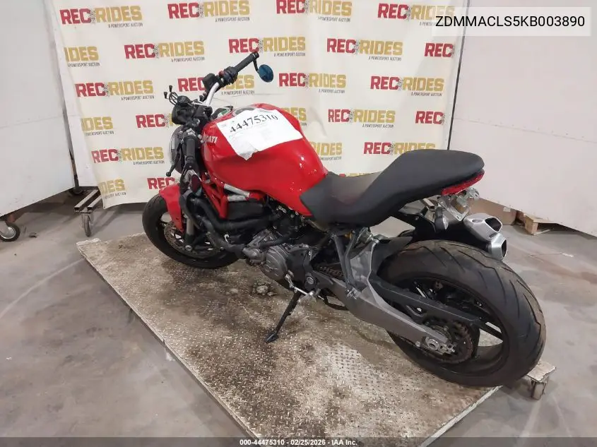 2019 Ducati Monster 821 VIN: ZDMMACLS5KB003890 Lot: 44475310