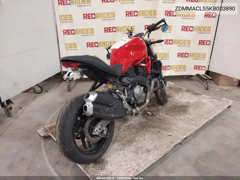 2019 Ducati Monster 821 VIN: ZDMMACLS5KB003890 Lot: 44475310
