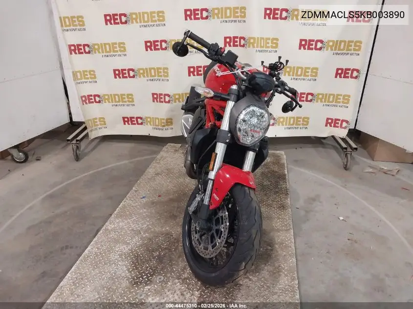 2019 Ducati Monster 821 VIN: ZDMMACLS5KB003890 Lot: 44475310