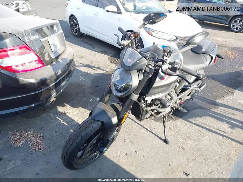2022 Ducati Monster VIN: ZDMMAMDTXNB006172 Lot: 45367490