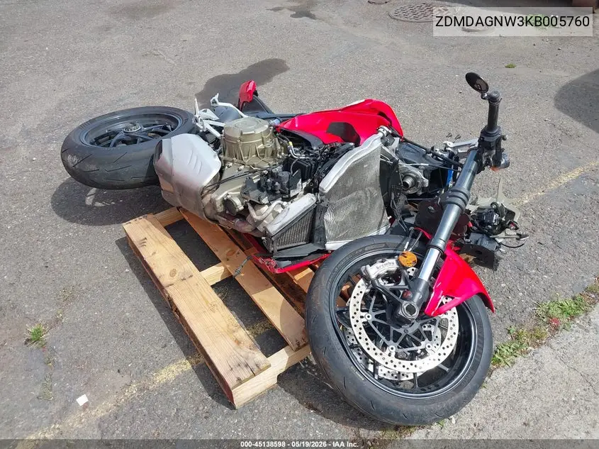 2019 Ducati Panigale V4/V4S/V4S Speciale VIN: ZDMDAGNW3KB005760 Lot: 45138598